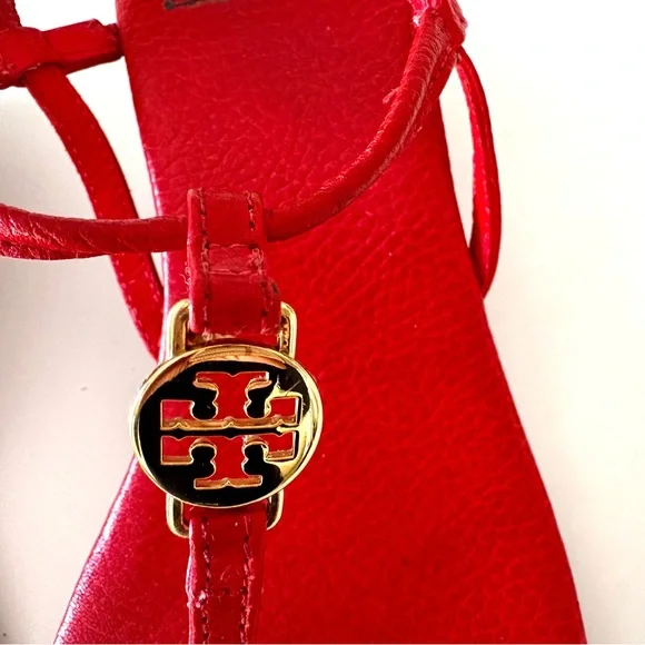 Tory Burch Emmy Leather Thong Wedge Sandals Red 9.5M - Picture 2 of 6